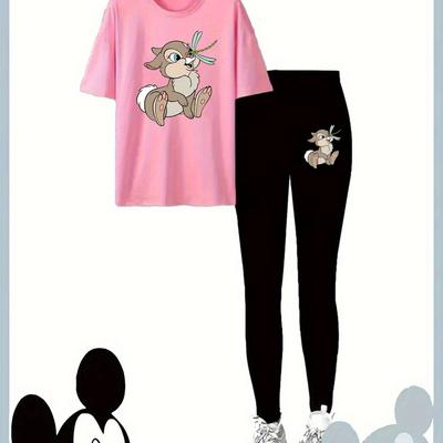 TEMU Bambi Cartoon Print Long Sleeve Top & Pants Set - Cozy Casual Outfit With Mouse Design, Fall, Shirts Image