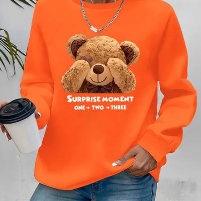 TEMU Women's Casual Surprise Moment Teddy Bear Print Crew Neck Sweatshirt, Knit Polyester Fabric, Stretch, Fall/winter Pullover Style Image