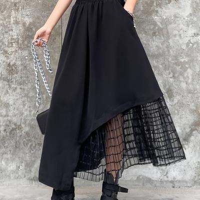 TEMU Elegant Asymmetrical Tulle Midi Skirt For Women - High-waisted, Flowy Black Skirt With Mesh Overlay Detail, Machine Washable, Spring/summer/fall Image