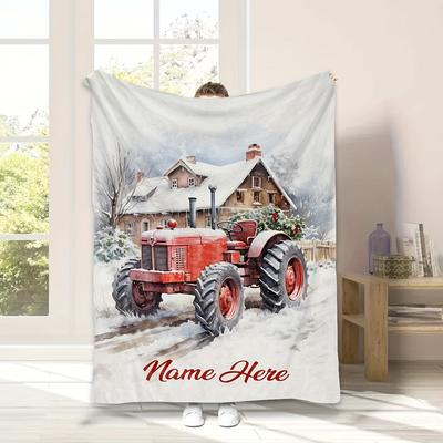TEMU 1pc Customizable Snowy Tractor Blanket, , , Washable, 100% Polyester Flannel, , Decor, For Sofa, Bed, Travel, Camping, Living Room, Office - 200-250g Square Kilogram Image