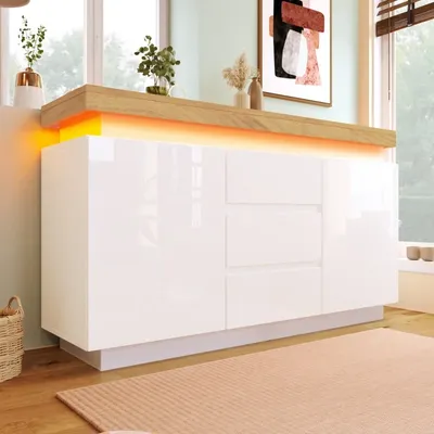 5 Drawer Dresser for Bedroom, 140CM Living Room Cabinet with High Gloss Drawers, Large Wood Chest of Drawer White