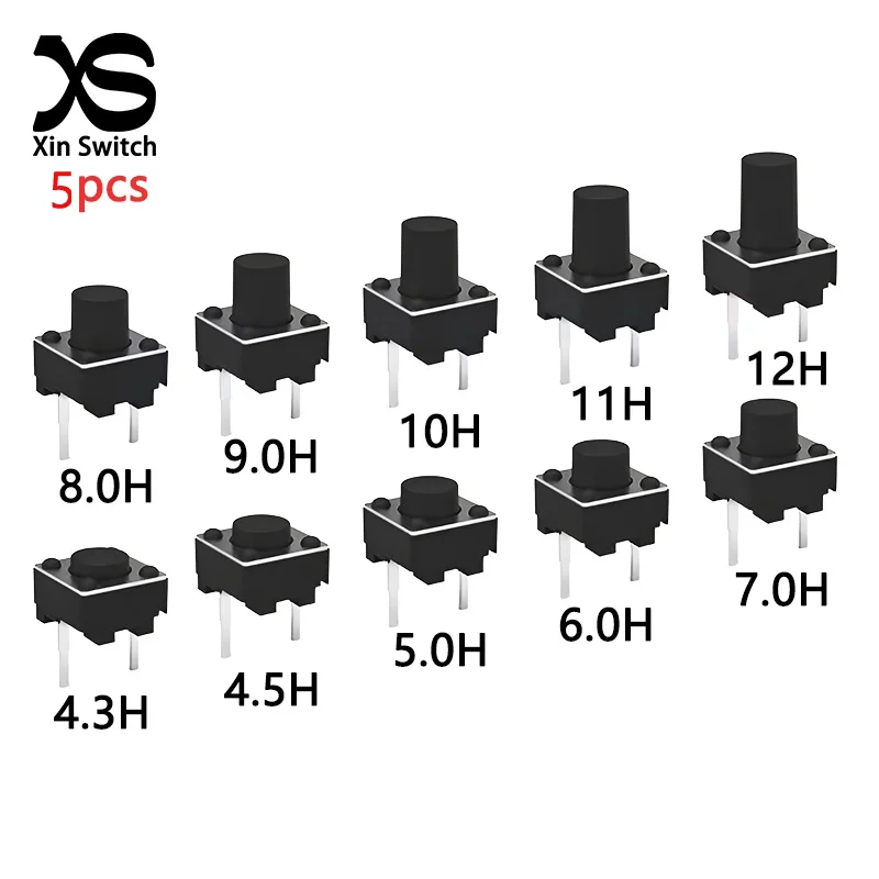 5PCS 6x6 Tactile Momentary Schalter Kleine Push Button 6*6*4,3/4,5/5/6/7/8/9/10/11/12mm Selbst-Reset Plug-In 50mA DC 12V 2Pin On-Off Image
