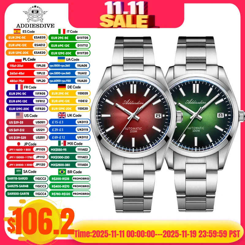 ADDIESDIVE Automatic Mechanical Watches 39mm Men's Watch reloj hombre Sapphire Crystal 10Bar Waterproof Sunburst Dial NH35A