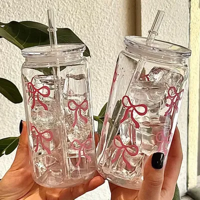Cute Bow Glass Cup Tumbler Mason Jar Shaped Water Bottle With Lids Straw Coffee Cups Party Gift for Iced Coffee Juice Cup