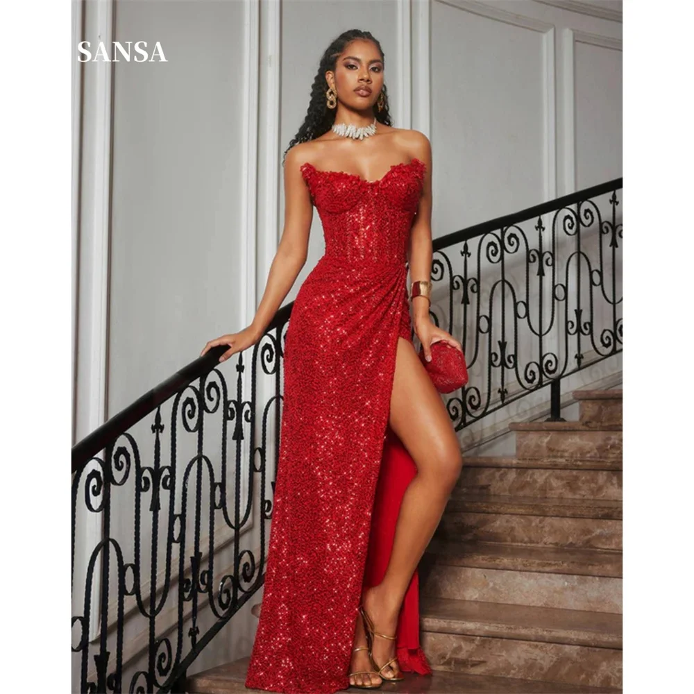 Sansa rouge paillettes épaules dénudées robes de bal côté haute fente personnalisé فساتmaveraات sirène balayage Train vestidos de novia