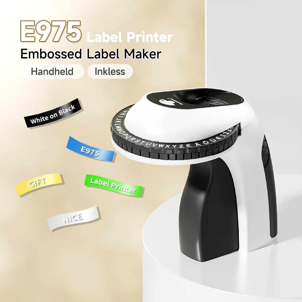 E975 3D-Etikettendrucker, 9 mm Prägung, 3D-Etikettenband, manueller Etikettierer, Schreibmaschine, kompatibel mit Dymo-Drucker-Etiketten 12965-Etiketten Image