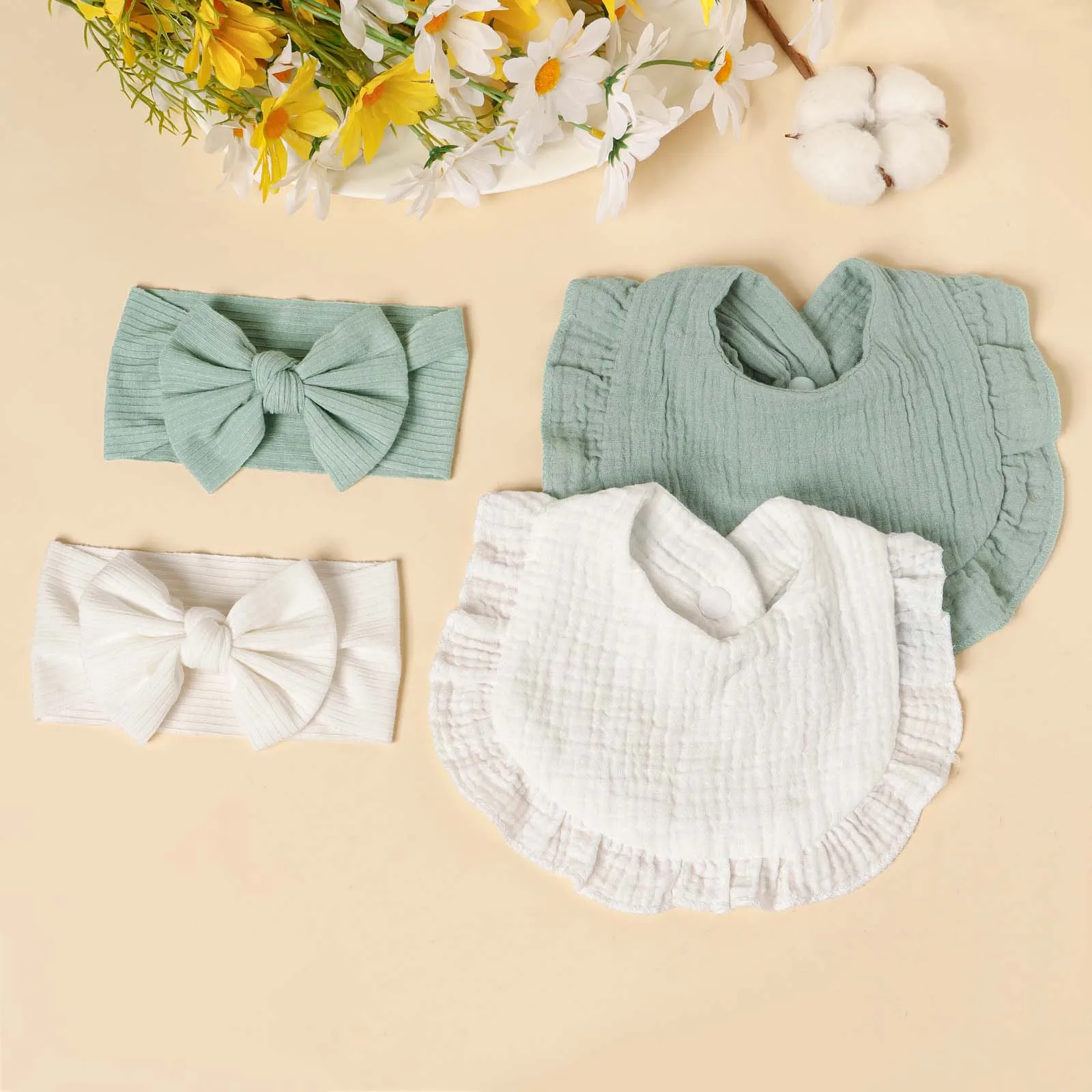 2 stücke Baby Bogen Stirnband Bib Set Streifen Bogen Haar Zubehör Für Mädchen Rüschen Rand Fütterung Lätzchen Neugeborenen Geschenk Set kind Kleid Zubehör Image