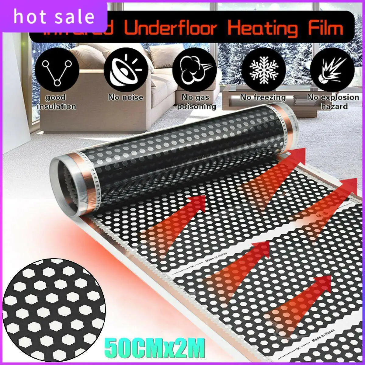 LICG-Bodenheizung, 50 cm x 2 m, Wabenheizung, elektrisch, Infrarot-Heizbodenfolie, 220 V