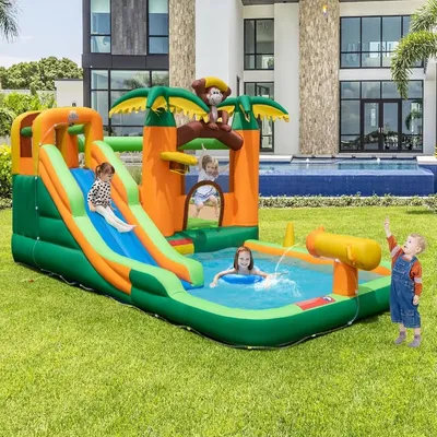 Inflatable Water Slide,Monkey Mega Waterslides Park w/Splashing Pool,Surfing Slide,Climbing Wall,Jumping Castle