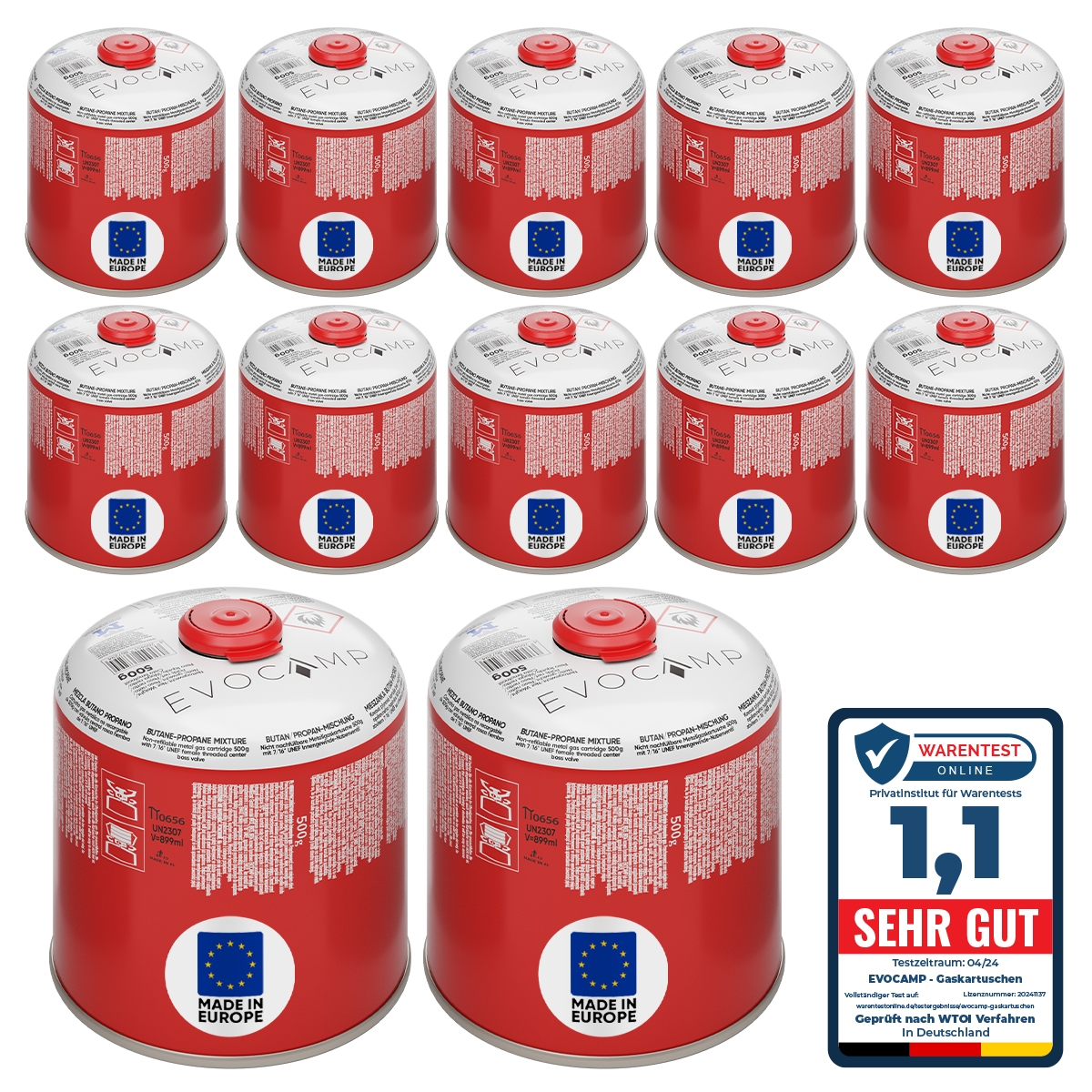EVOCAMP 12x Gaskartuschen 500g mit Schraubventil Butan/Propan – Zuverlässige Energie für Gaskocher und Outdoor-Aktivitäten Image