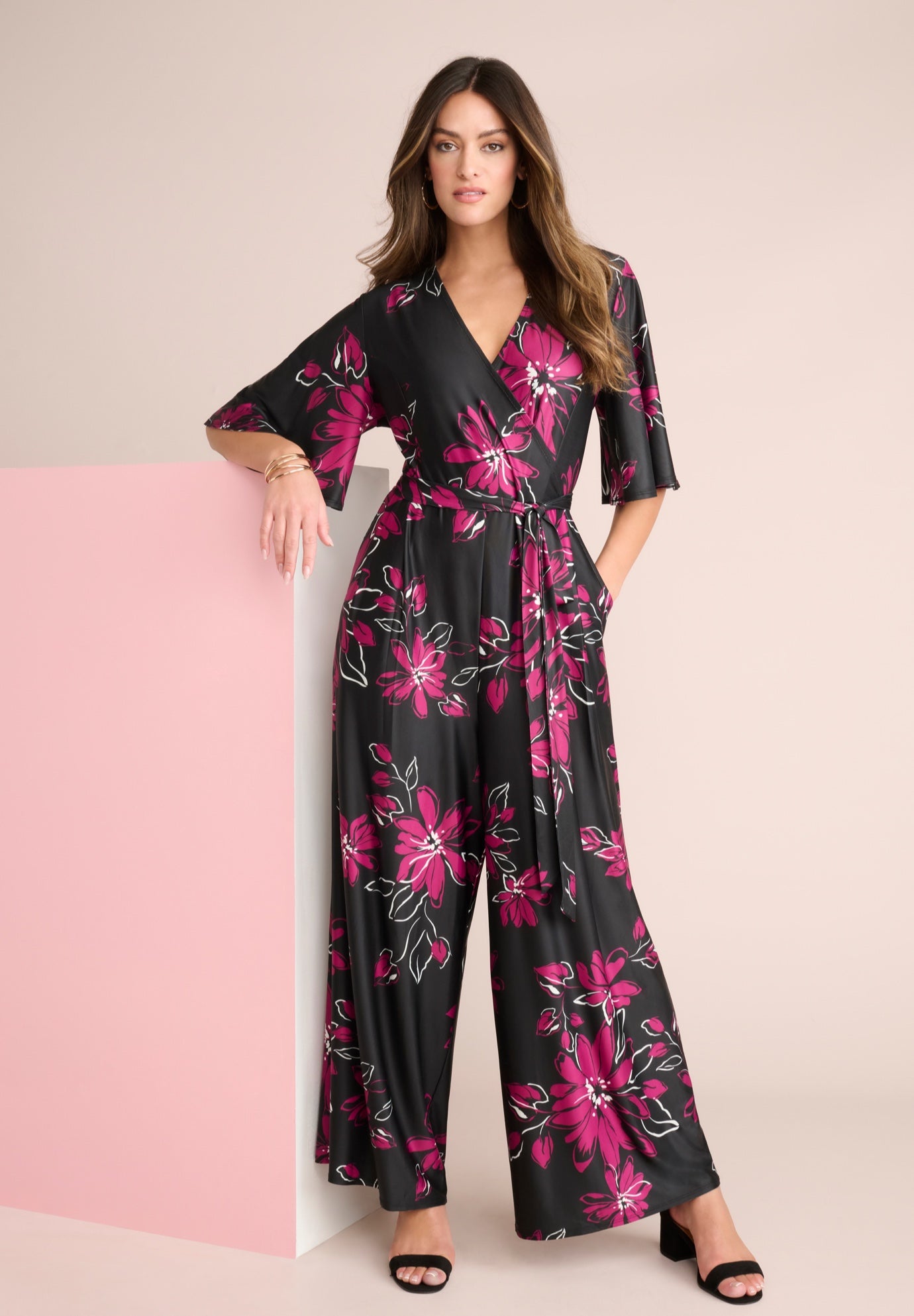 Plus Size Women's Ultrasmooth® Jumpsuit by Roaman's in Black Graphic Flowers (Size 22/24)