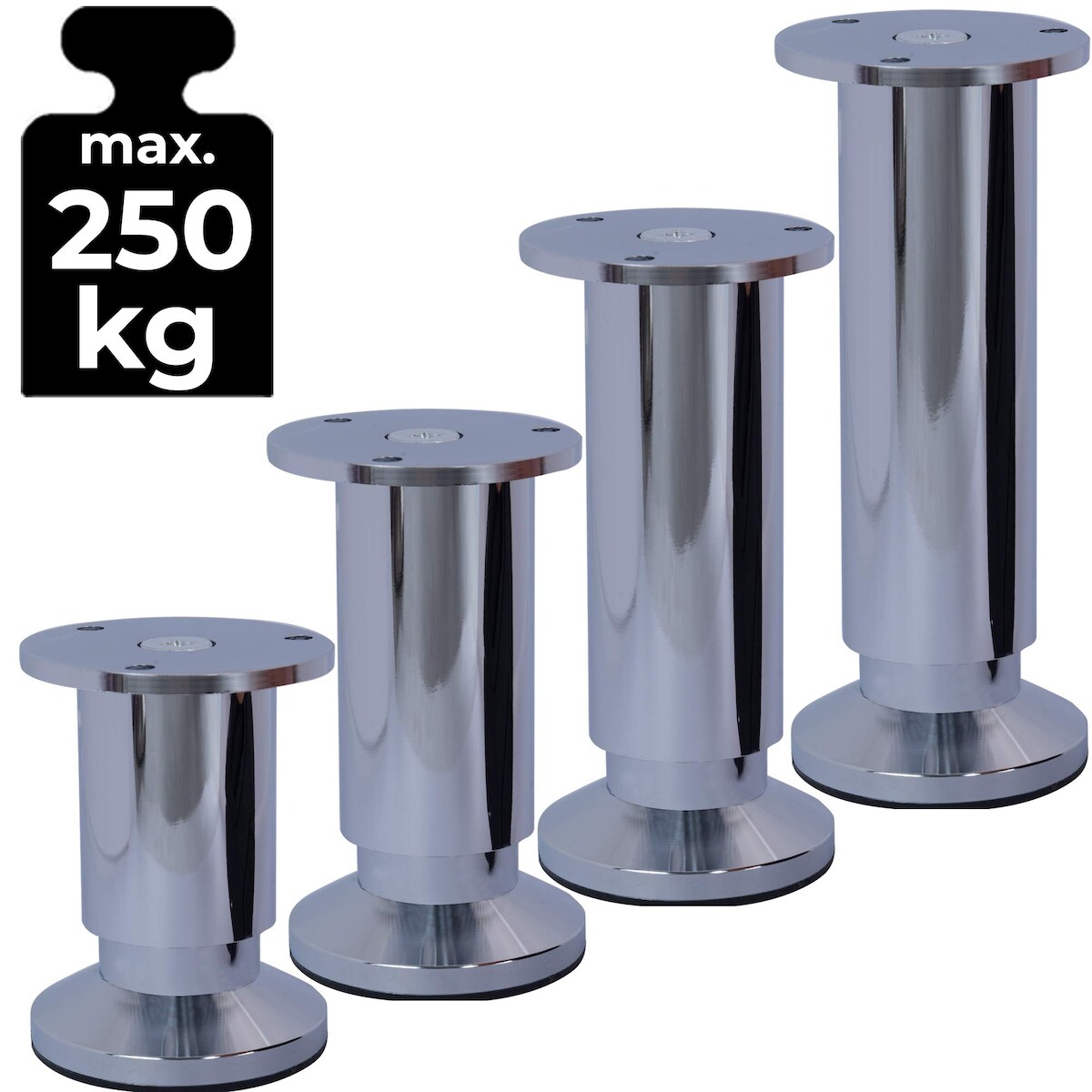 ID Dinkel Möbelfüße Sofafuß Möbelbeine CHROM GLANZ Höhe 30 cm 38 mm stabile Ausführung Sofa Bett Schrank Couch Image