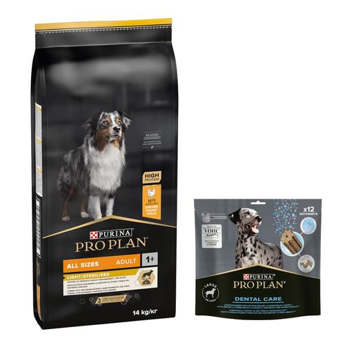 14kg All sizes Adult Light/Sterilised poulet PRO PLAN PURINA croquettes pour chien + Bâtonnets offerts !
