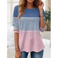 T-shirt femme col rond à manches longues tunique graphique géométrique rayé vintage tendance classique tops réguliers impression quotidienne rose automne
