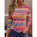 T-shirt femme col rond à manches longues tunique graphique géométrique rayé vintage élégant classique col rond tops réguliers impression quotidienne rose rouge fuchsia automne