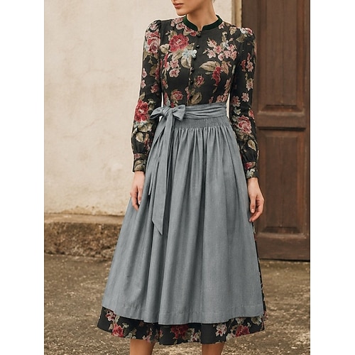 Oktoberfest Robe Dirndl Robes traditionnelles Longueur midi avec poches Col mandarin Femme de ménage Bavarois Allemand Prairies Femmes Carnaval Fête de la Bière Tissu de style traditionnel (80 cm)