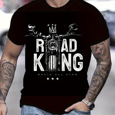 TEMU Mens Motorcycle Print Short-sleeve T-shirt - Breathable Cotton, Elastic Collar, , Stylish Casual Top For Outdoor Activities Image