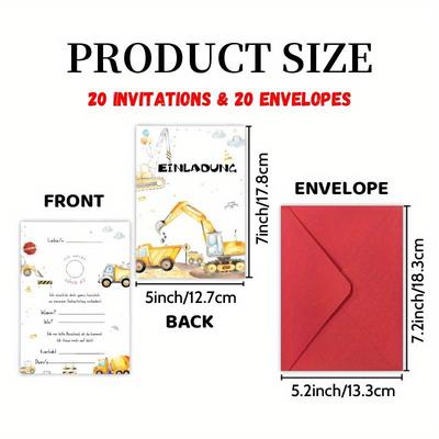 TEMU 20 Cards And 20 Envelopes, German Backhoe Excavator Party Invitations Letter - Milestone Birthday Party Cards, Congrats Invites Friend Reunion Graduate Celebrations & Decorations Image
