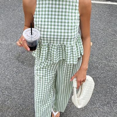 TEMU Whistle Bohemian Chic Summer Outfit 2025: Mint Ruffle Hem Sleeveless Open Shirt And Wide Leg Pants - Vacation, Festival, Beach Resort Casual Two-piece Set With Breathable Fabric Image
