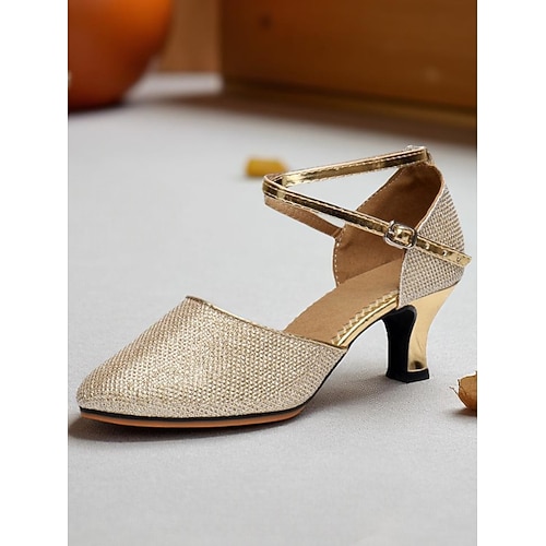 Professionelle Glitzer-Mesh-Tanzschuhe für Damen mit goldenen Metallic-Akzenten und verstellbarem Knöchelriemen für Standard- und Lateintänze Image