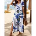 Damen Maxikleid Freizeitkleid Sommerkleid A Linie Kleid Elegant Urlaub Lässig Strand Normale Passform Blumen Grafik Blatt Kurzarm V Ausschnitt Schwarz und Weiß Gelb Rote Blau Sommer Frühling
