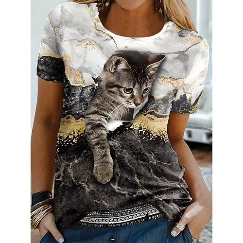 Damen T Shirt Druck Grafik Tiermotiv Katze Vintage Stilvoll Klassisch Kurzarm Rundhalsausschnitt Rundhals Normale Oberteile Täglich Wochenende Blau Weiß Gold Grün Grau Sommer Frühling Image