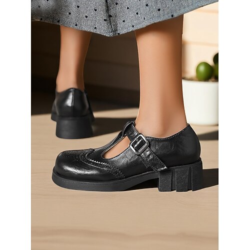 Schwarze Mary-Jane-Schuhe mit T-Riemen im 50er-Jahre-Stil für Damen – Vintage-Brogue-Lederschuhe mit Schnalle und dicker Sohle für den Alltag, Cosplay Gothic-Outfits Image