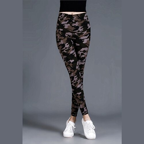 Damen Stoffhosen Leggings Gemütliche Leggings Streetwear Lässig Volle Länge Natürliche Taille Tarnung Elastischer Bund Druck Bequem Außenbereich Ferien Alltagskleidung Alltagstauglich Schwarzgrau