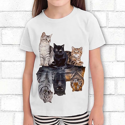 Mädchen 3D Graphic Katze Hund T-Shirt Kurzarm 3D-Druck Sommer Frühling Aktiv Modisch Kuschelig 100% Baumwolle kinderkleidung 3-12 Jahre Outdoor Casual Täglich Regular Fit Image