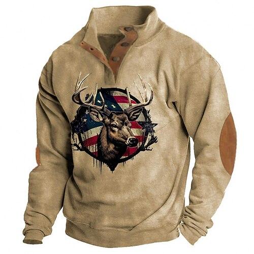 Herren Sweatshirt Marineblau Braun Stehkragen Grafik Rentier Amerikanische Flagge Druck Täglich Ferien Ausgehen Polyester Streetwear Lässig Herbst Winter Bekleidung Kapuzenpullover Sweatshirts Langarm