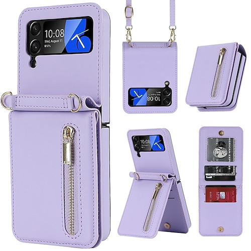 Handy Hülle Handyhüllen Für Samsung Galaxy Z Flip 7 Z Flip 6 Z Flip 5 Z Flip 4 Z Flip 3 Handtasche Brieftaschenhülle Reisverschluss Mit Abnehmbarem Schultergurt Mit Kartenhalter Einfarbig PC PU-Leder Image