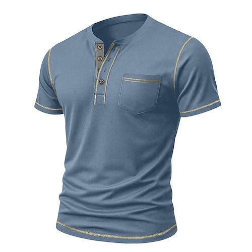 Herren-Henley-T-Shirt aus Baumwollmischung, Henley-T-Shirt, kurzärmlig, einfarbig, Vintage, lässig, Kontrastnähte, Henley, Outdoor, lässig, Frühling, Herbst Herbst Apricot schwarz grau Henley T-Shirt Image