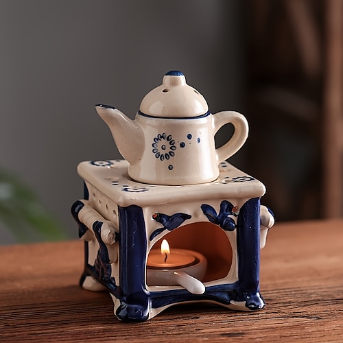 Blau weißer Keramik-Teekannen-Kerzenhalter, Aromaöl-Heizgerät mit Blumenmuster, elegante Wohndekoration für Feiertage, Valentinstag und Teeliebhaber Image