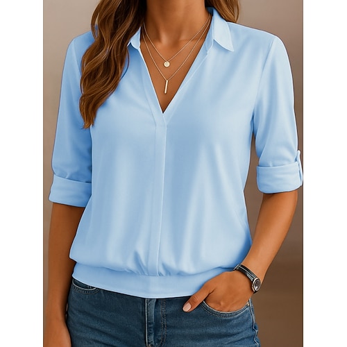 Damen Popover-Hemd Freizeithemd Bluse Einfarbig Elegant Mode Basic Langarm Umlegekragen V Ausschnitt Normale Oberteile Täglich Ferien Blau Weiß Rosa Grau Sommer Frühling Image
