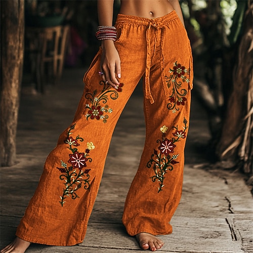 Damen Hosen Hose Palazzo-Hose Mode Streetwear Komfort Volle Länge Hohe Taille Blumen Elastischer Bund Bequem Außenbereich Straße Alltagskleidung Ausgehen Orange Sommer Normale Passform Image