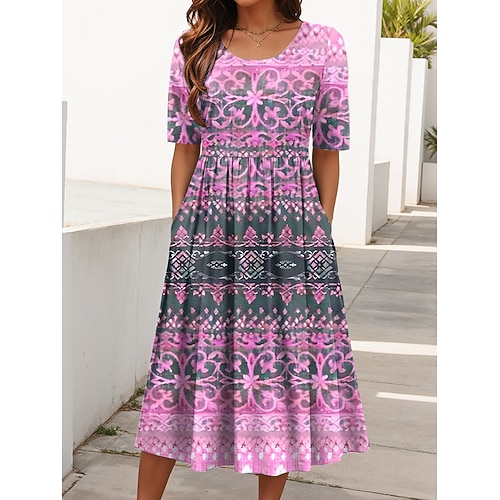 Damen Midikleid Sommerkleid Faltenkleid Urlaub Lässig Ferien Normale Passform Grafik Geometrisch Halbarm Rundhalsausschnitt Blau Rosa Purpur Grün Sommer Frühling Herbst Image