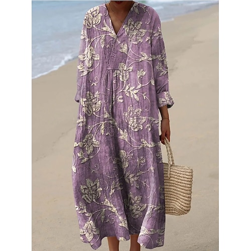 Damen Midi Kleid V-Ausschnitt Lange Ärmel Kaftan Leicht Lockerer Schnitt A-Linien Kleid Lässig Boho Party Ausgehen Floral Grafisch Lange Ärmel V-Ausschnitt Grau Grün Pink Lila Elfenbein Image