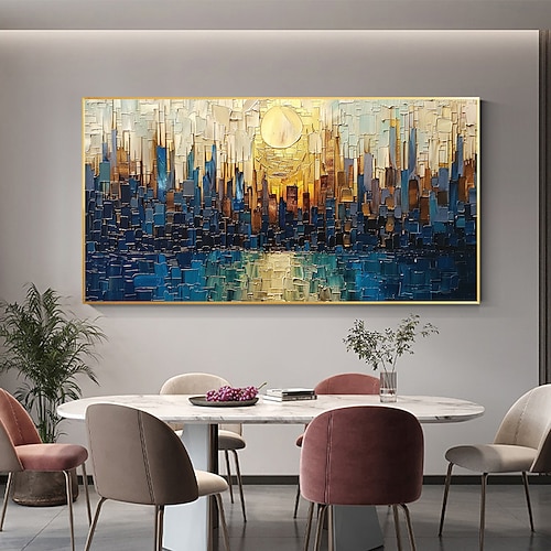 handgefertigtes originales Ölgemälde der Stadtarchitektur auf Leinwand, abstraktes Stadtgebäude, Wandkunst für die Inneneinrichtung mit gespanntem Rahmen ohne Innenrahmen Image