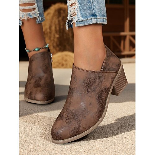 Damen-Stiefeletten aus Kunstleder mit dickem Absatz – Vintage-Schlupfstiefel für Herbstoutfits, Tage auf dem Bauernhof und Spaziergänge auf dem Land Image