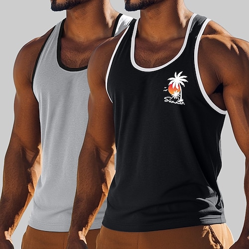 Herren Tank Top Weste Ärmelloses Shirt Muskelshirt Ärmellos Rundhalsausschnitt Sommer Kokospalme Sport Mode Lässig 2 teilig Mehrfachpackung Druck Lässig Strand Armee-Grün Grau Grün Weiß Wei Image