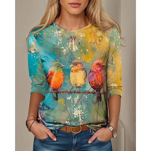 Damen T-Shirt Langarm Rundhals Langarm Tunika Grafik Tier Vogel Vintage Stilvoll Klassisch Reguläre Oberteile Täglich Wochenenddruck Blau Grün Vorherherbst Image
