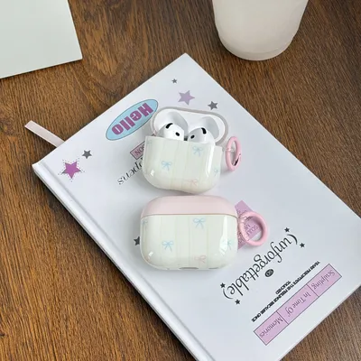 Wunderschöne Schleife mit grünen Linien, rosa Deckel mit rosa Ring, niedliche, glatte Kopfhörerhülle für AirPods 1, 2, 3, 4 Pro Pro 2 Image