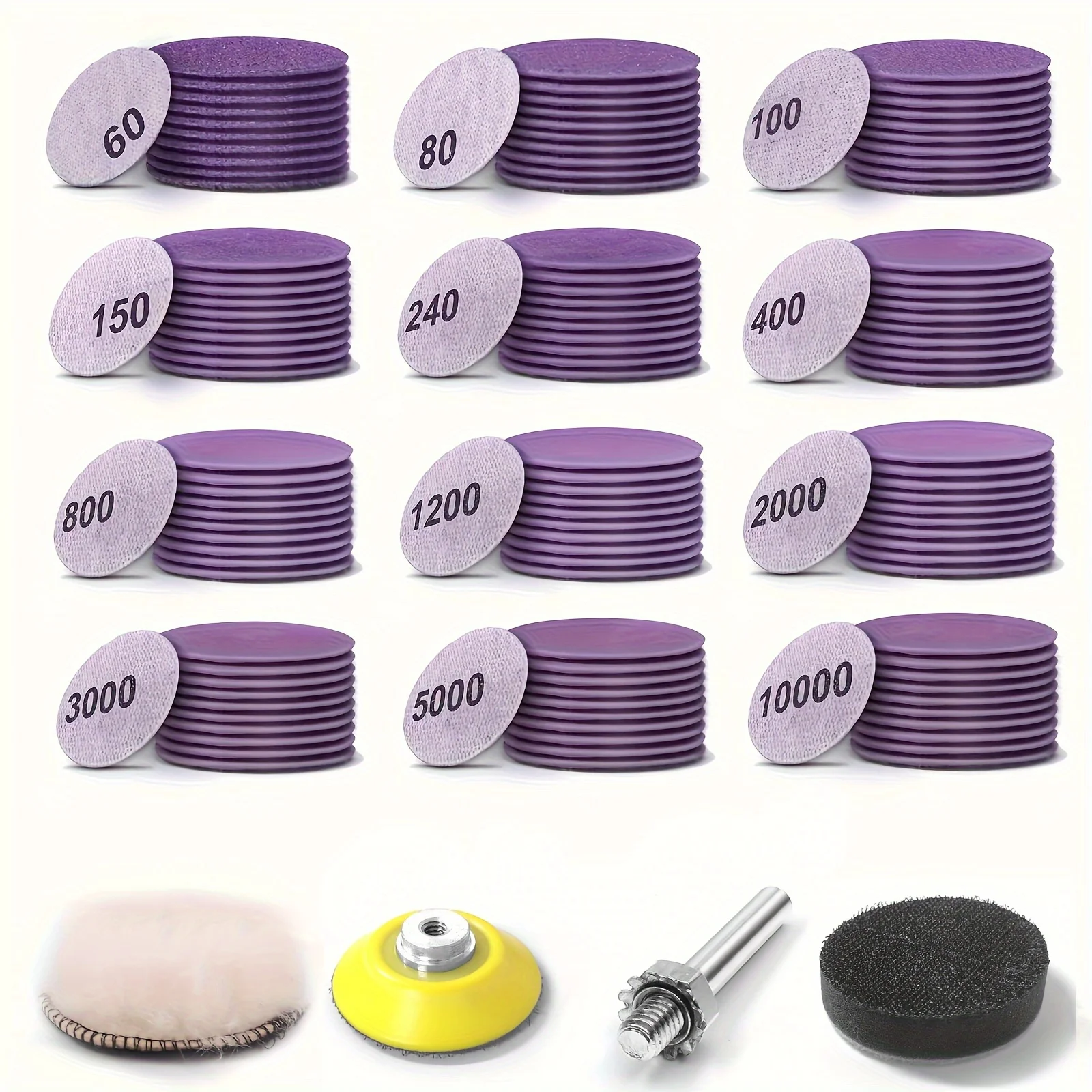 2-Zoll-Schleifscheibe, 124 Stück, nasses, trockenes Klett-Schleifpapier, Körnung 60 bis 10.000, mit Trägerpads und Schnittstellenpad für automatisches Metall, Holz Image