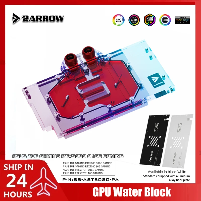 Barrow GPU-Wasserblock für ASUS TUF Gaming 5080/5070Ti Wasserkühler 5V ARGB, schwarz/weiße Rückplatte, BS-AST5080-PA Image