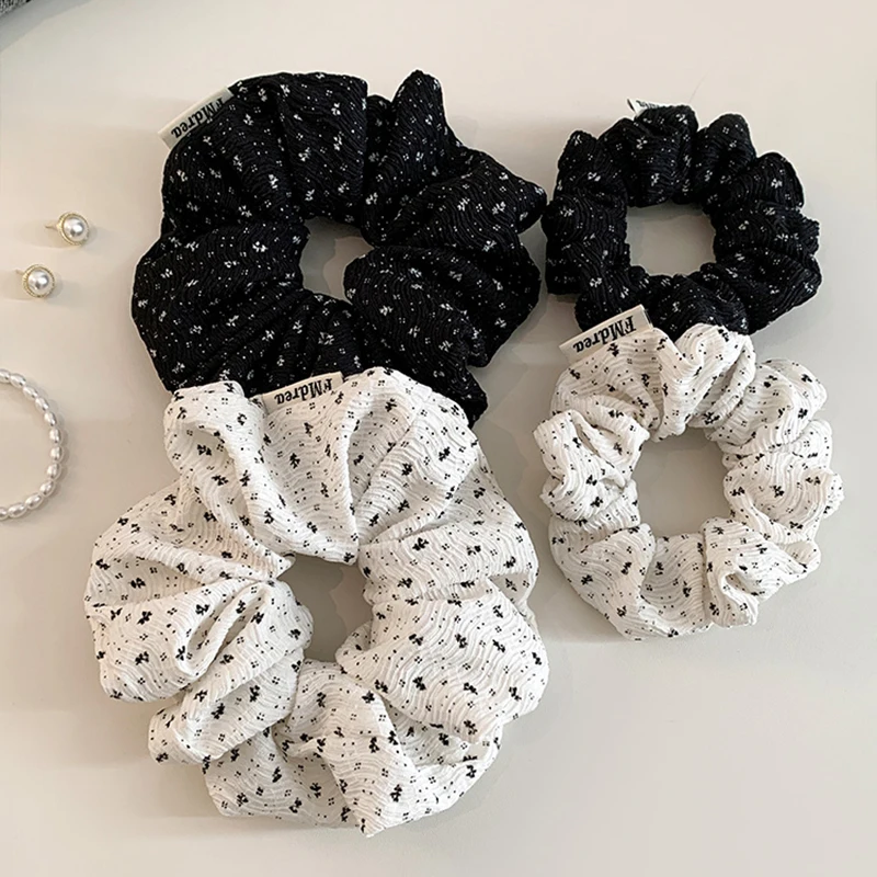Plissee Scrunchies Große Größe Schwarz Weiß Blume Haargummis Süße Pferdeschwanz Halter Elastisches Haarband Frauen Haar Zubehör