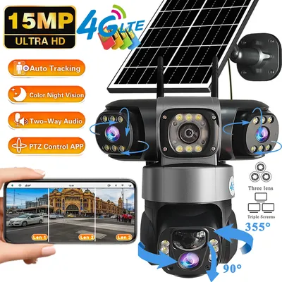 3 Lens 4G Solar Camera 15MP HD Security CCTV IP66 Waterproof Night Vision Two-Way Audio Camera Mobile Tracking IP Cameras V380