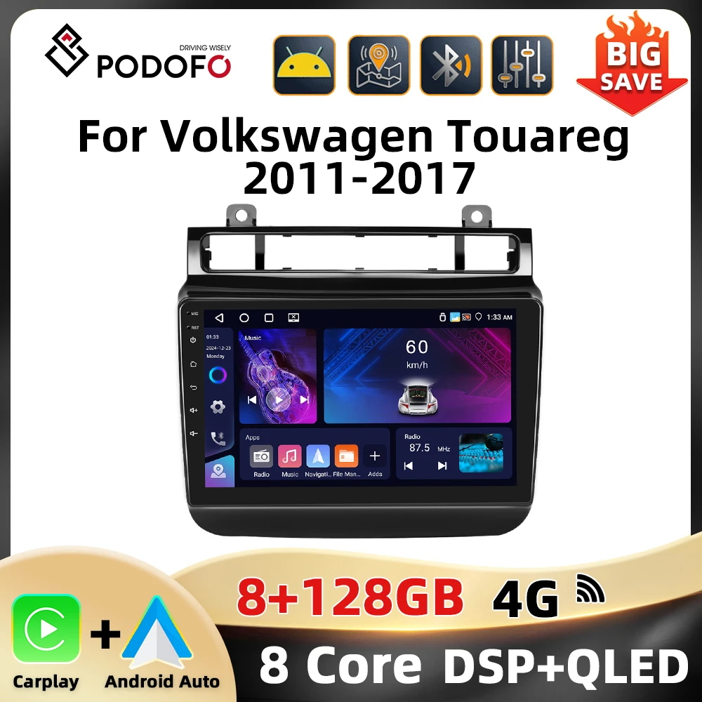 Podofo 8+128G 9'' Car Audio For Volkswagen Touareg 2011-2017 Multimedia Player Carplay Android Auto WIFI 4G GPS DSP Car Stereo Image