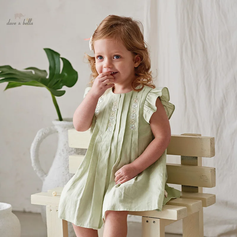 Dave Bella Baby Mädchen Sommerkleider festes ärmelloses Kleid für Mädchen 2-9y Kinder kleidung Freizeit kleid Mädchen db2240406 Image