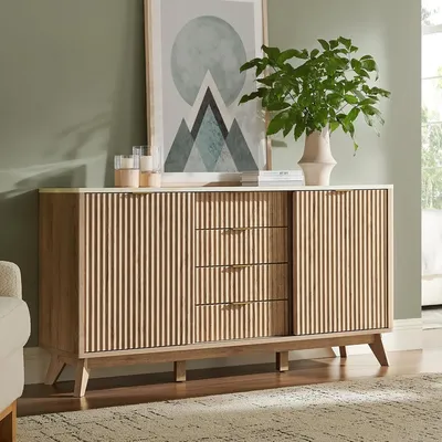 60" Fluted Dresser with Sliding Doors and 4 Drawers, Modern Chest w/Faux Marble Top, Curved Profile Design, Dresser TV Stand