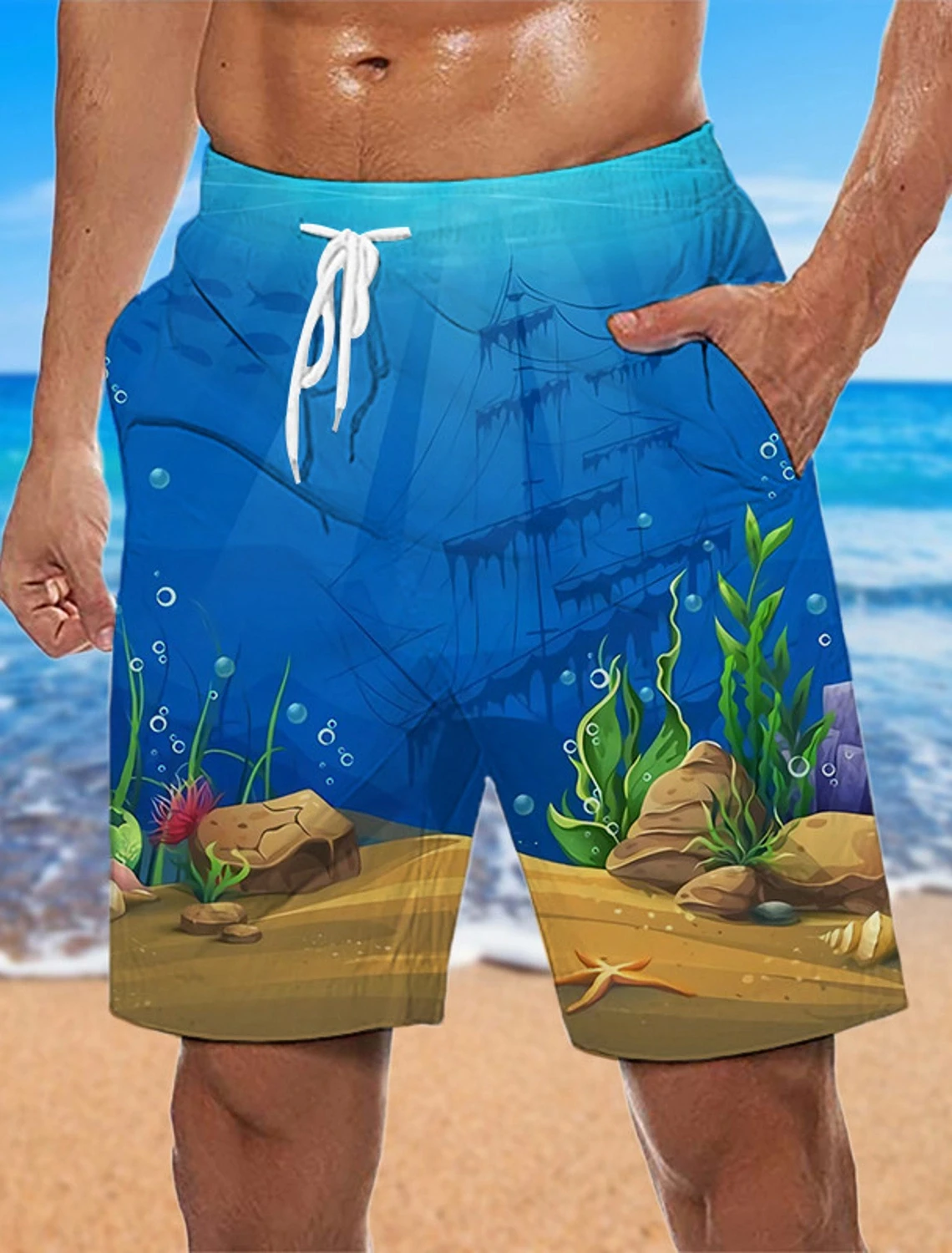 Ocean Fish Grafik bedruckte Herren-Badeshorts, hawaiianische Boho, lässige, atmungsaktive Shorts für Herren, Sommer-Strand-Badeshorts Image